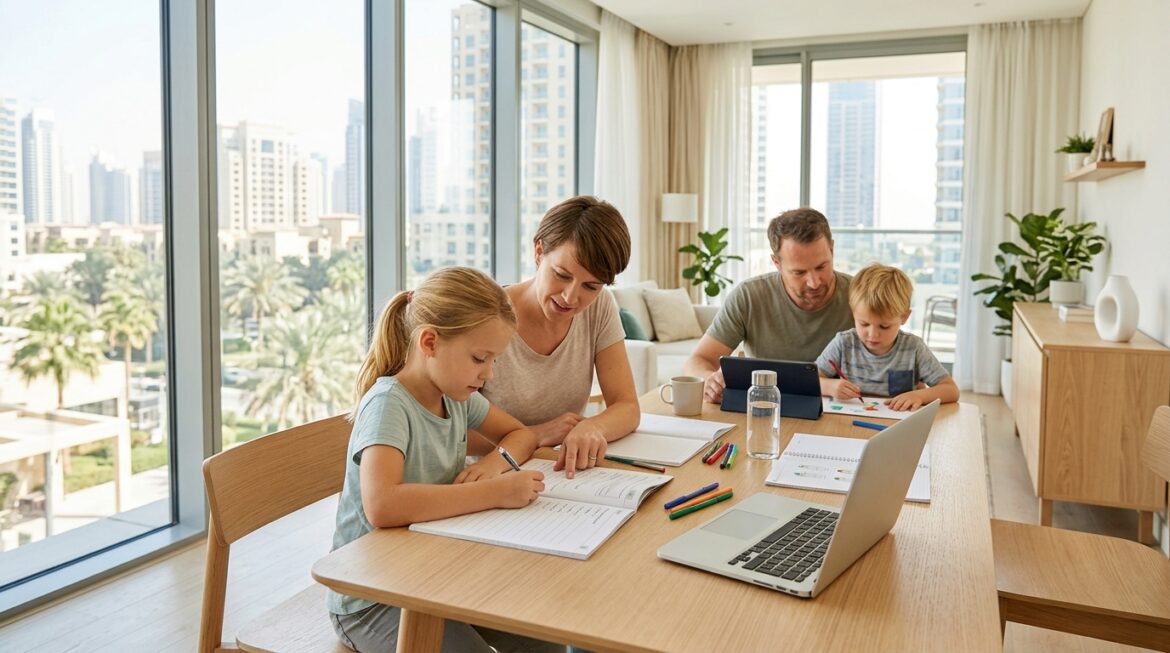 Expat-Familie am Küchentisch