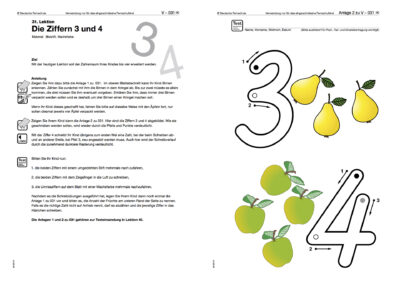 Blick in die Kursunterlagen Vorschule 1: Beginn der Lektion "Die Ziffern 3 und 4"