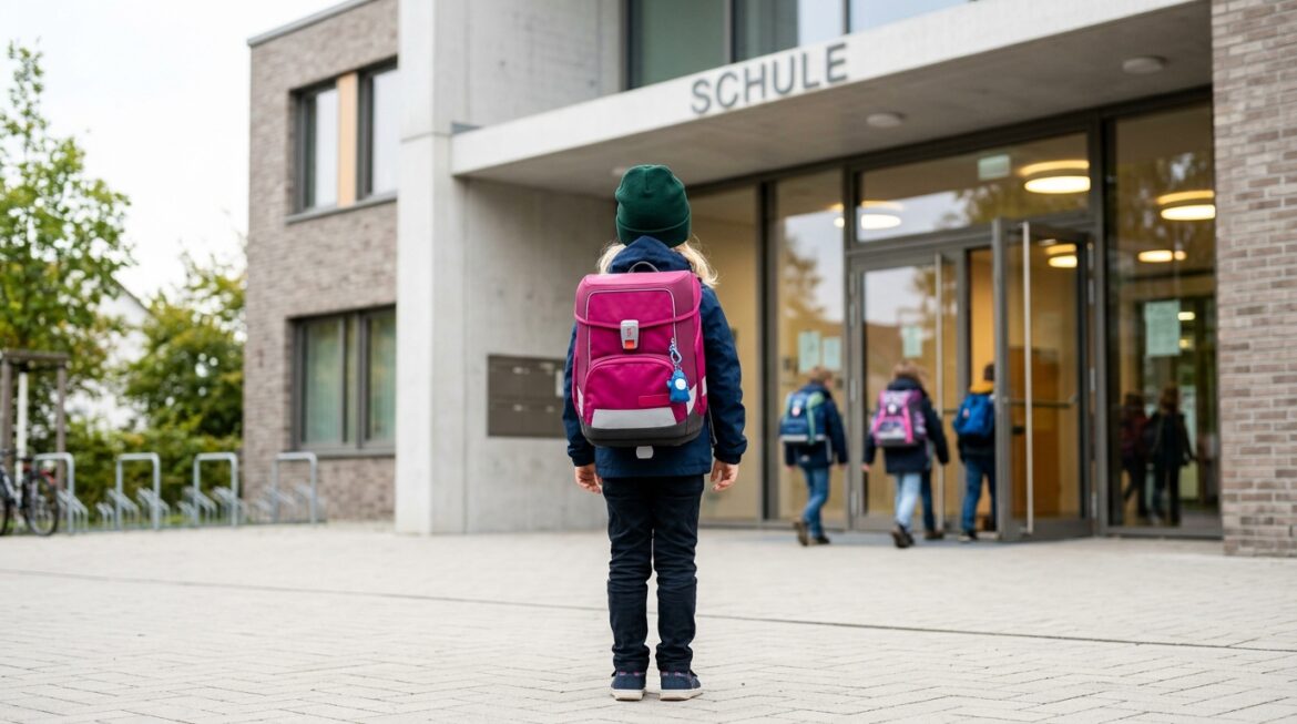 Kind vor dem Eingang zu einer Schule
