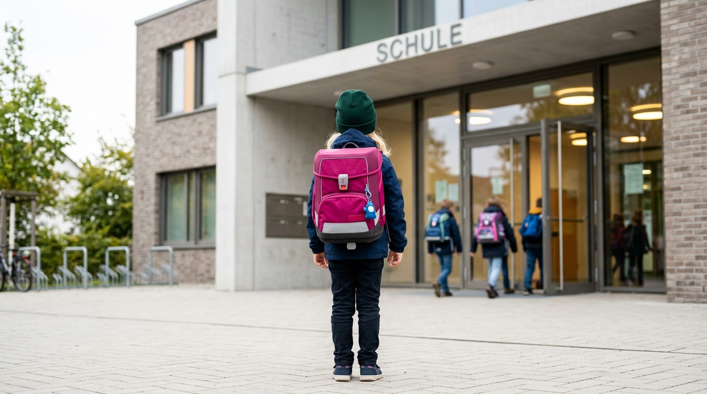 Kind vor dem Eingang zu einer Schule